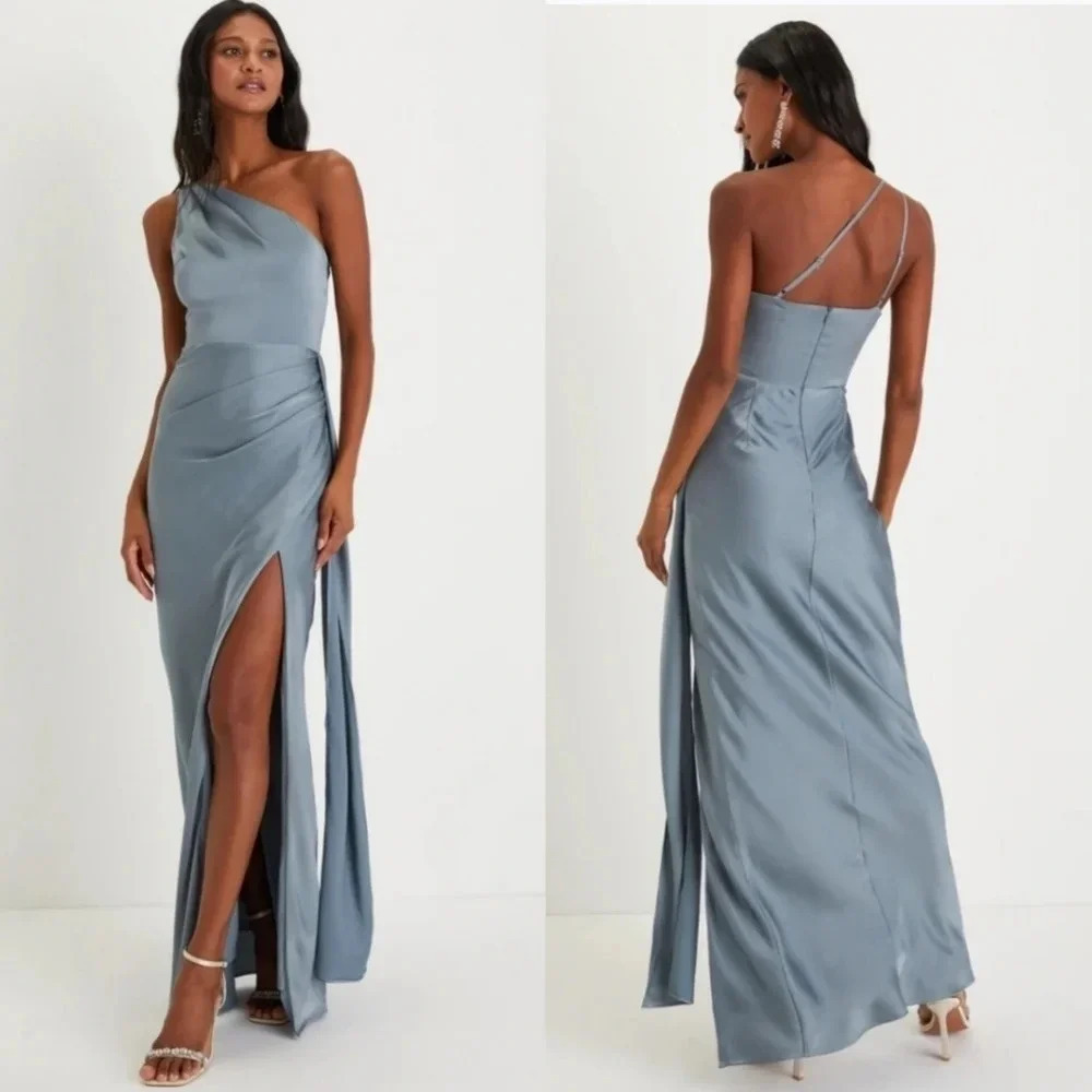 Lulus Signature Elegance Slate Blue Satin One-Shoulder Maxi Dress Wedding Party